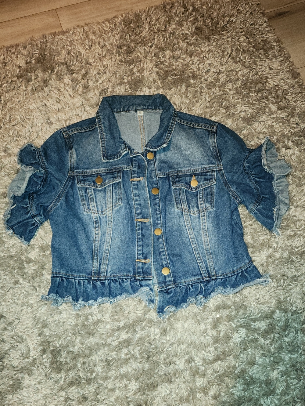 Ruffled Sleeve Cropped Denim Jacket - Blue